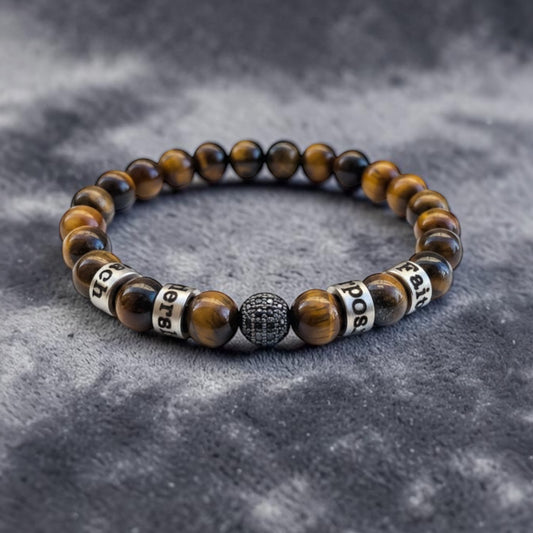 Personalized Tiger Eye Stone Bracelet: Engraved Names, Black Diamond Accent