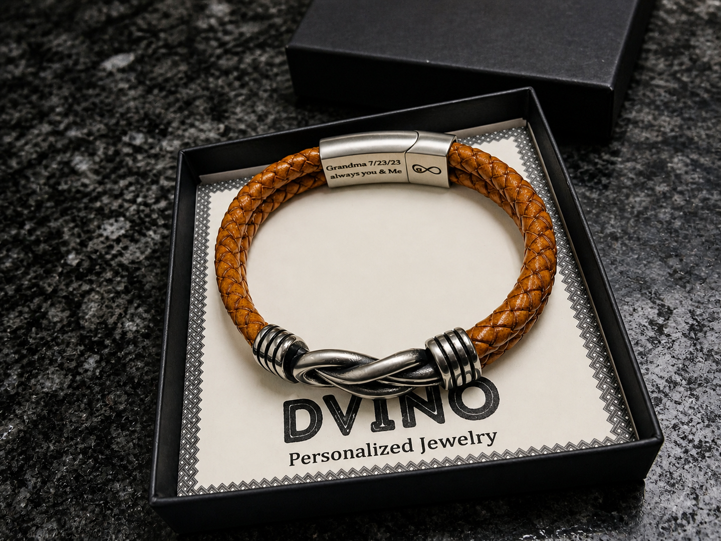 Personalized Leather Infinity Knot Bracelet – Custom Hidden Engraved Message
