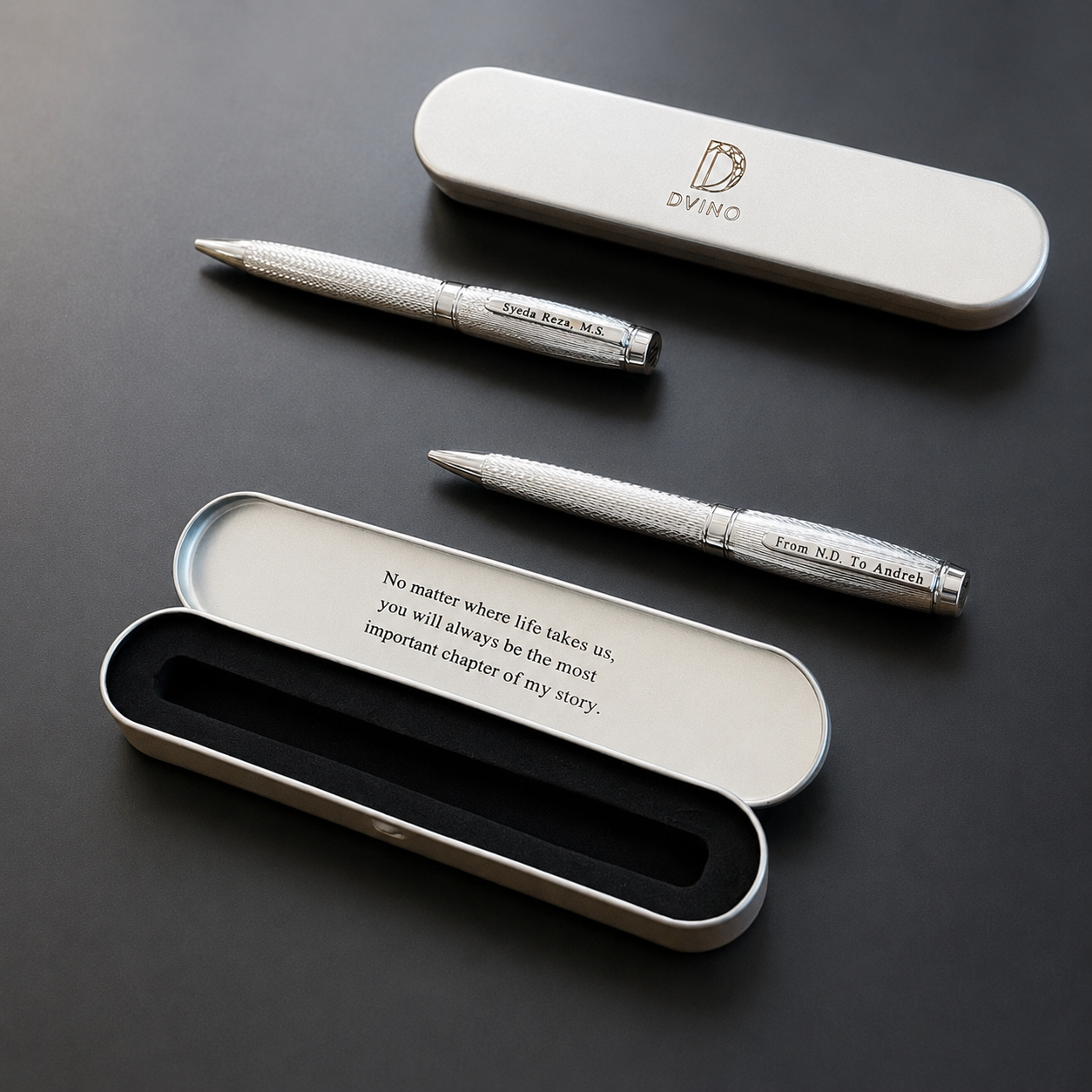 Personalized Silver Twist Pen – Engraved Gift, Chrome Barrel, Dvino Pen Box