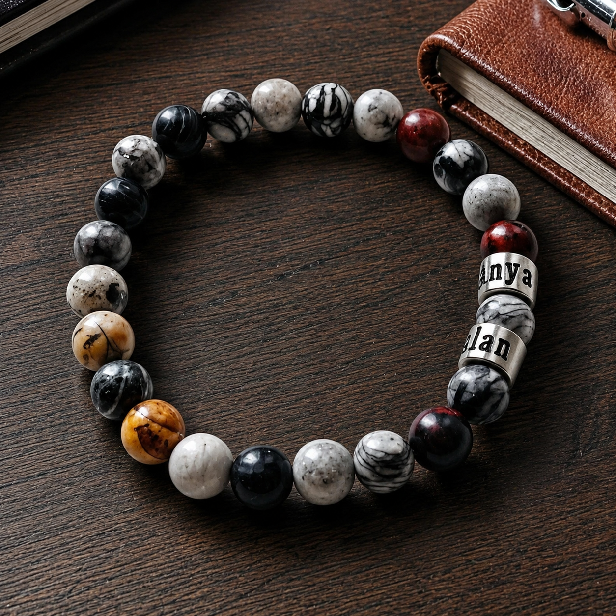 Personalized Men's Jasper Stone Bracelet: Engraved Name Beads