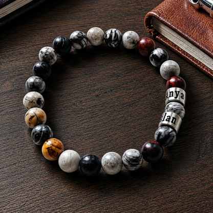 Personalized Men's Jasper Stone Bracelet: Engraved Name Beads