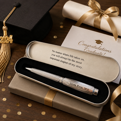 Personalized Silver Twist Pen – Engraved Gift, Chrome Barrel, Dvino Pen Box
