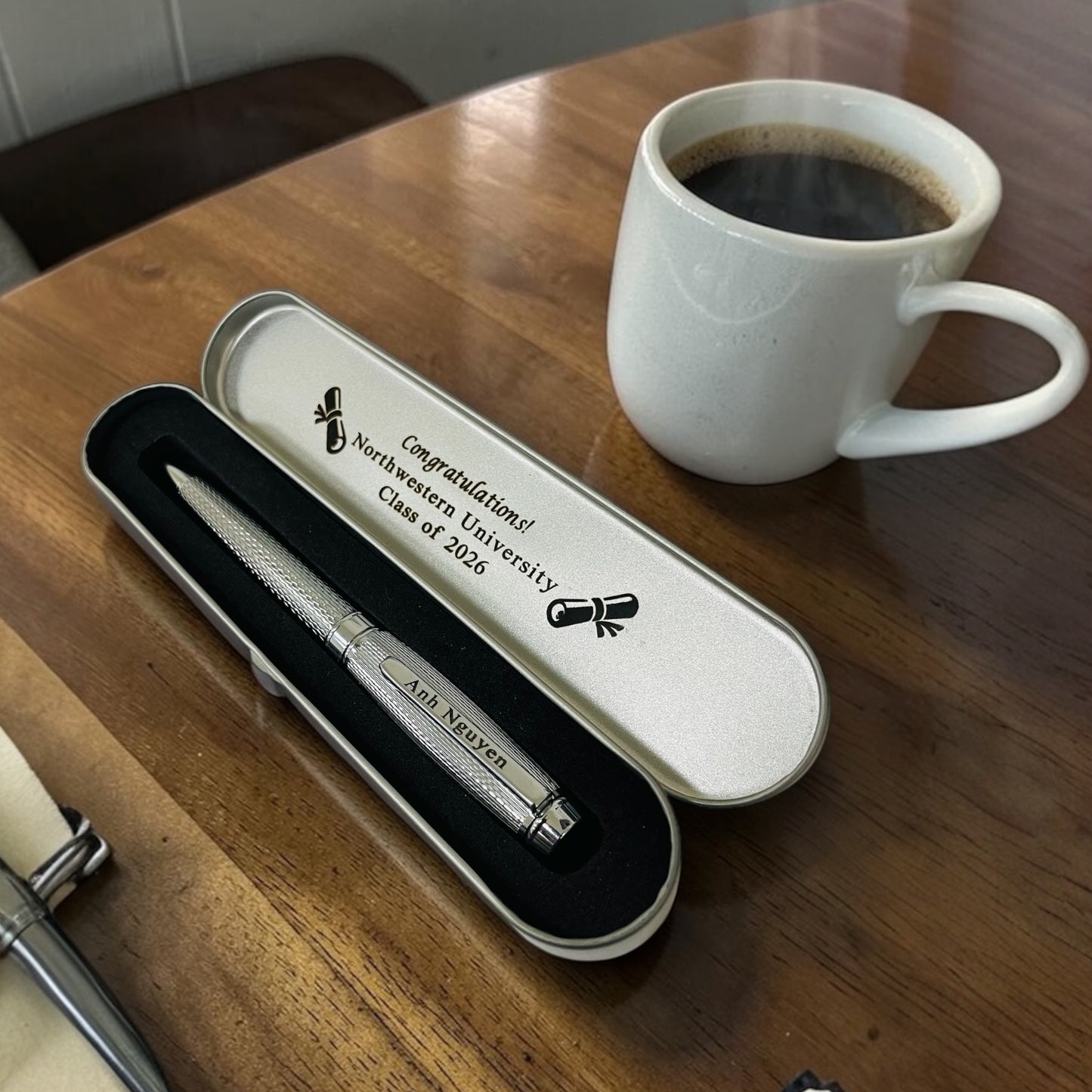 Personalized Silver Twist Pen – Engraved Gift, Chrome Barrel, Dvino Pen Box