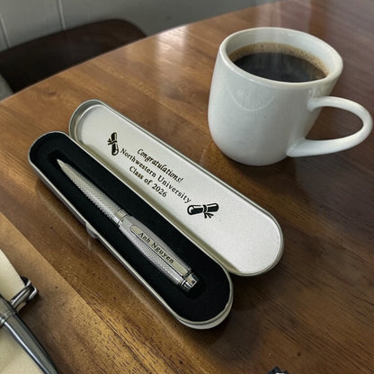 Personalized Silver Twist Pen – Engraved Gift, Chrome Barrel, Dvino Pen Box