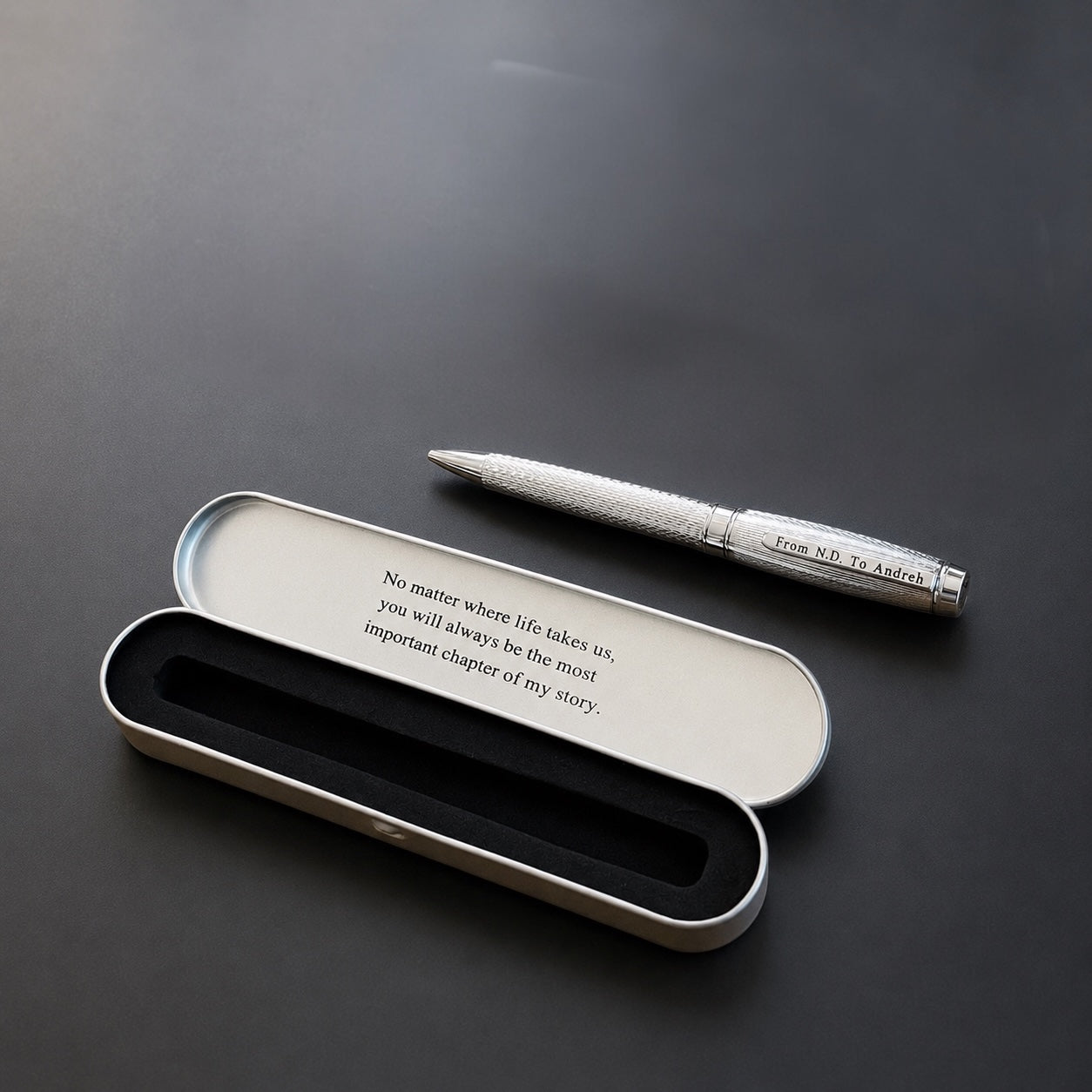 Personalized Silver Twist Pen – Engraved Gift, Chrome Barrel, Dvino Pen Box