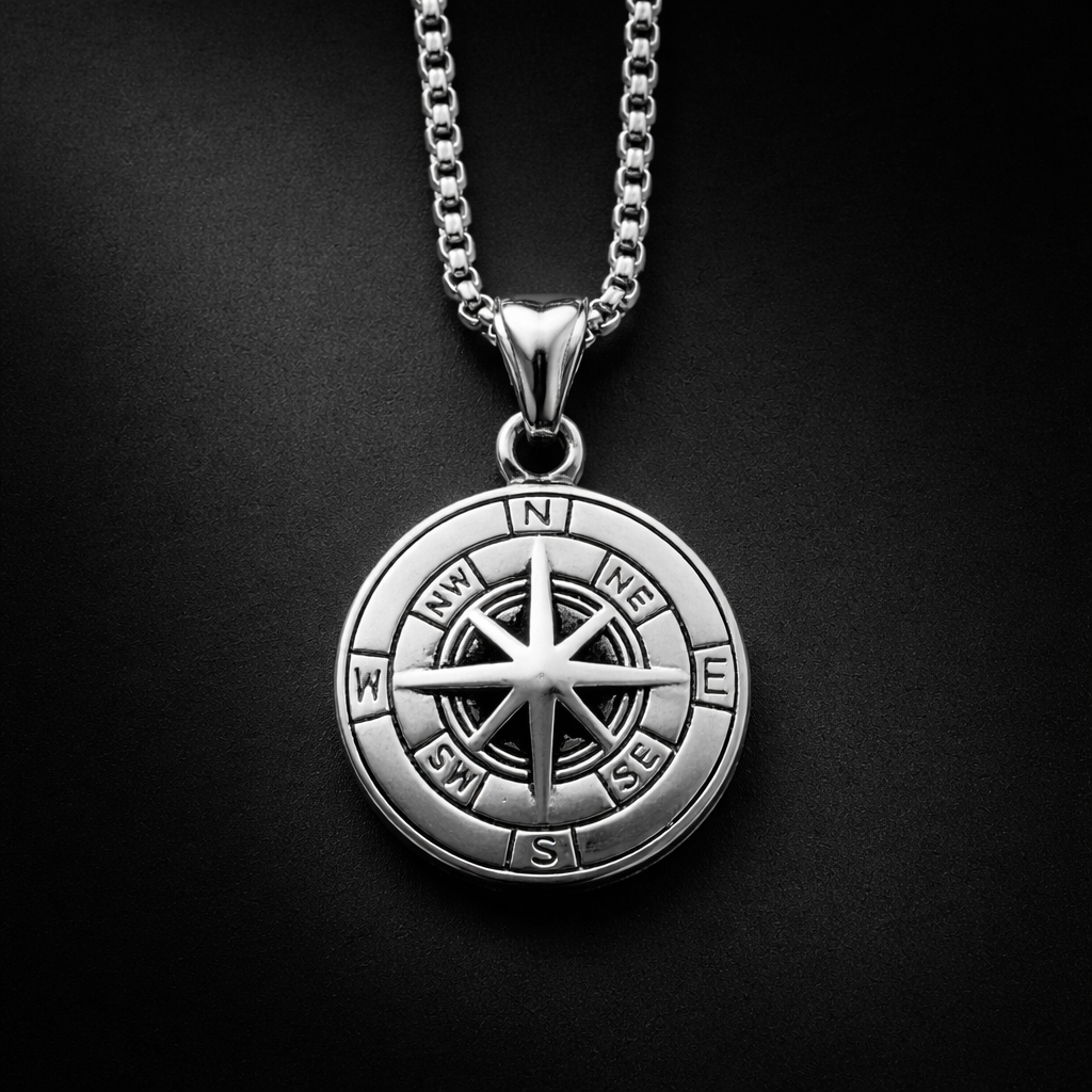 Engraved Compass Pendant Necklace for Men in Stainless steel