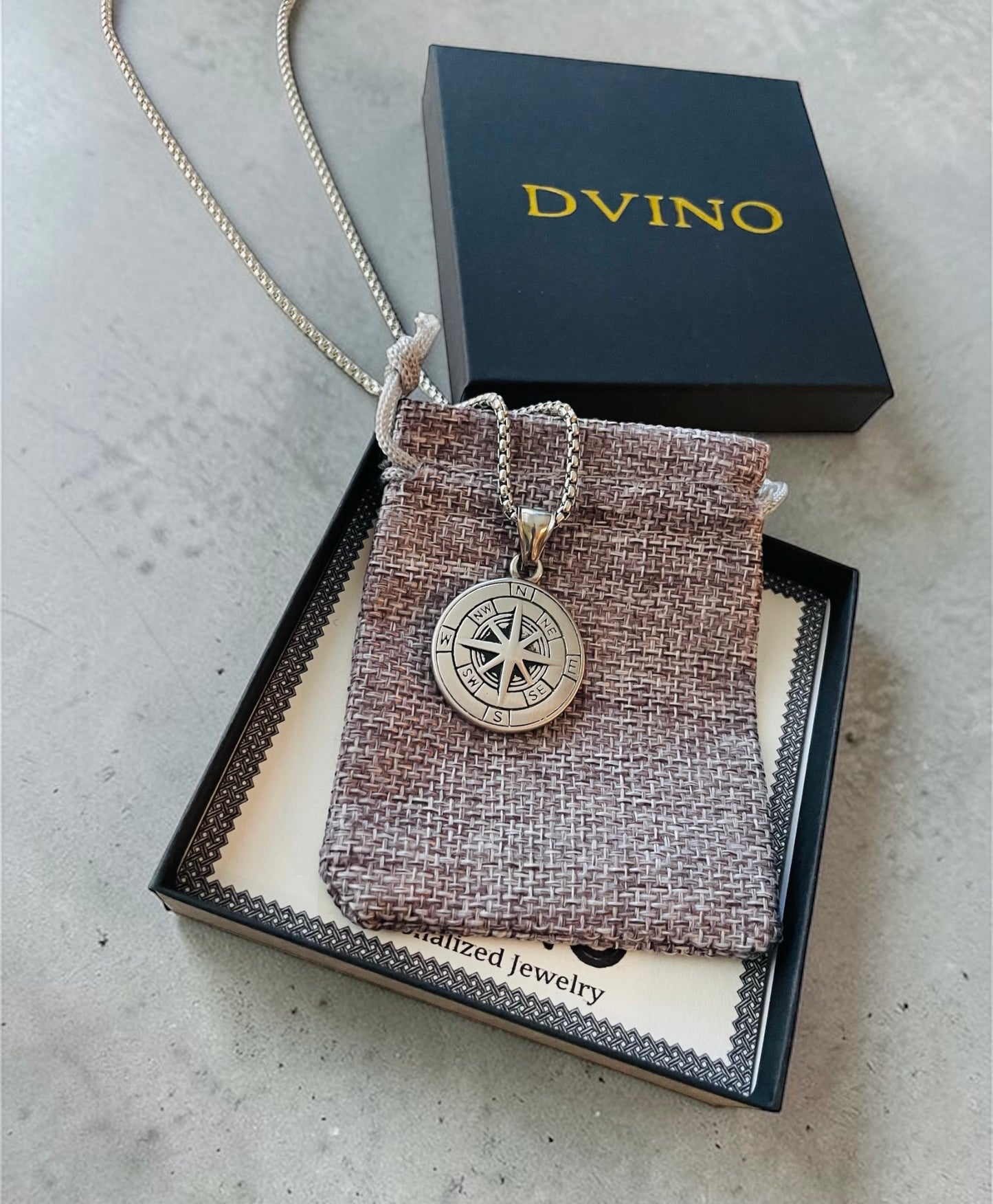 Engraved Compass Pendant Necklace for Men in Stainless steel