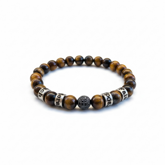 Personalized Tiger Eye Stone Bracelet: Engraved Names, Black Diamond Accent