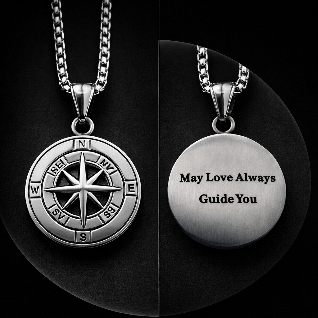 Engraved Compass Pendant Necklace for Men in Stainless steel