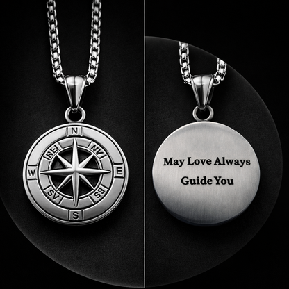 Engraved Compass Pendant Necklace for Men in Stainless steel