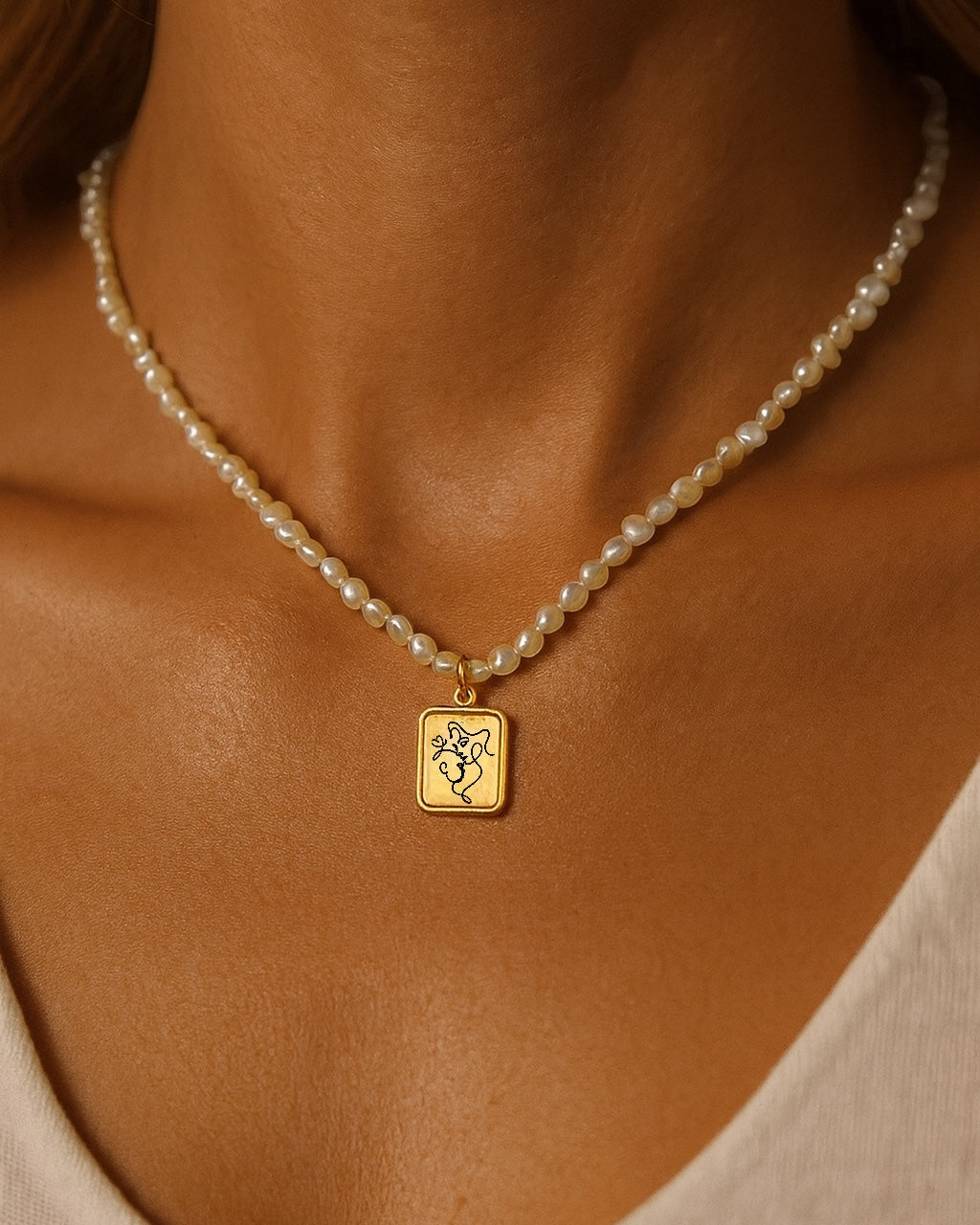 White Pearl Line Art Necklace