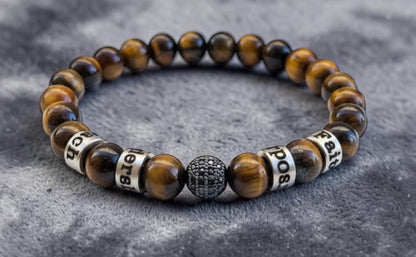 Personalized Tiger Eye Stone Bracelet: Engraved Names, Black Diamond Accent