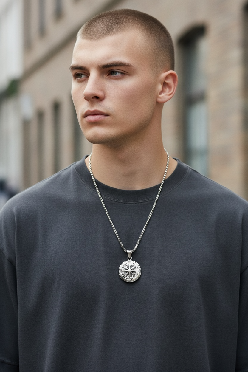Engraved Compass Pendant Necklace for Men in Stainless steel