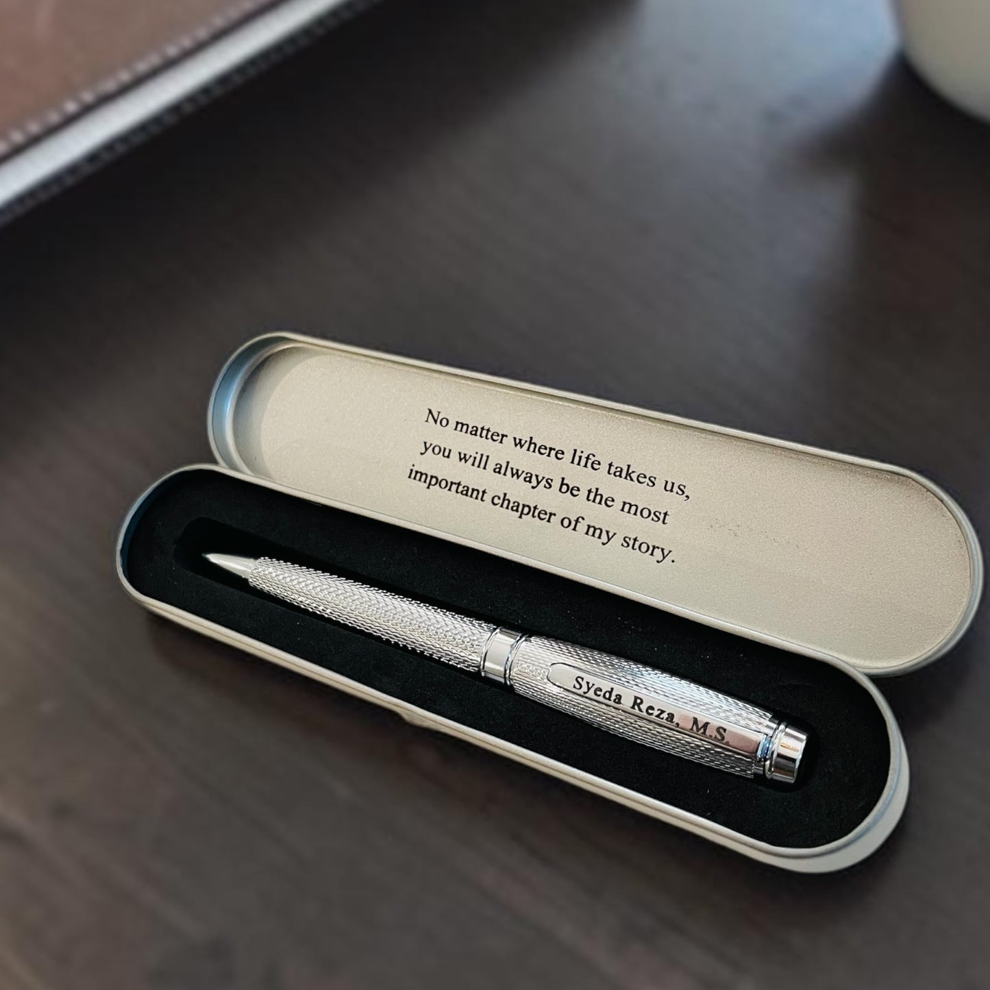 Personalized Silver Twist Pen – Engraved Gift, Chrome Barrel, Dvino Pen Box