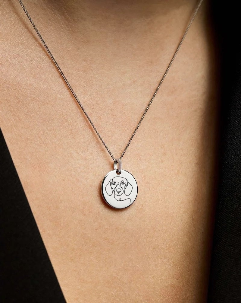 Custom One Line Dog Portrait Necklace: Minimalist Pet Art And Any Message on back side