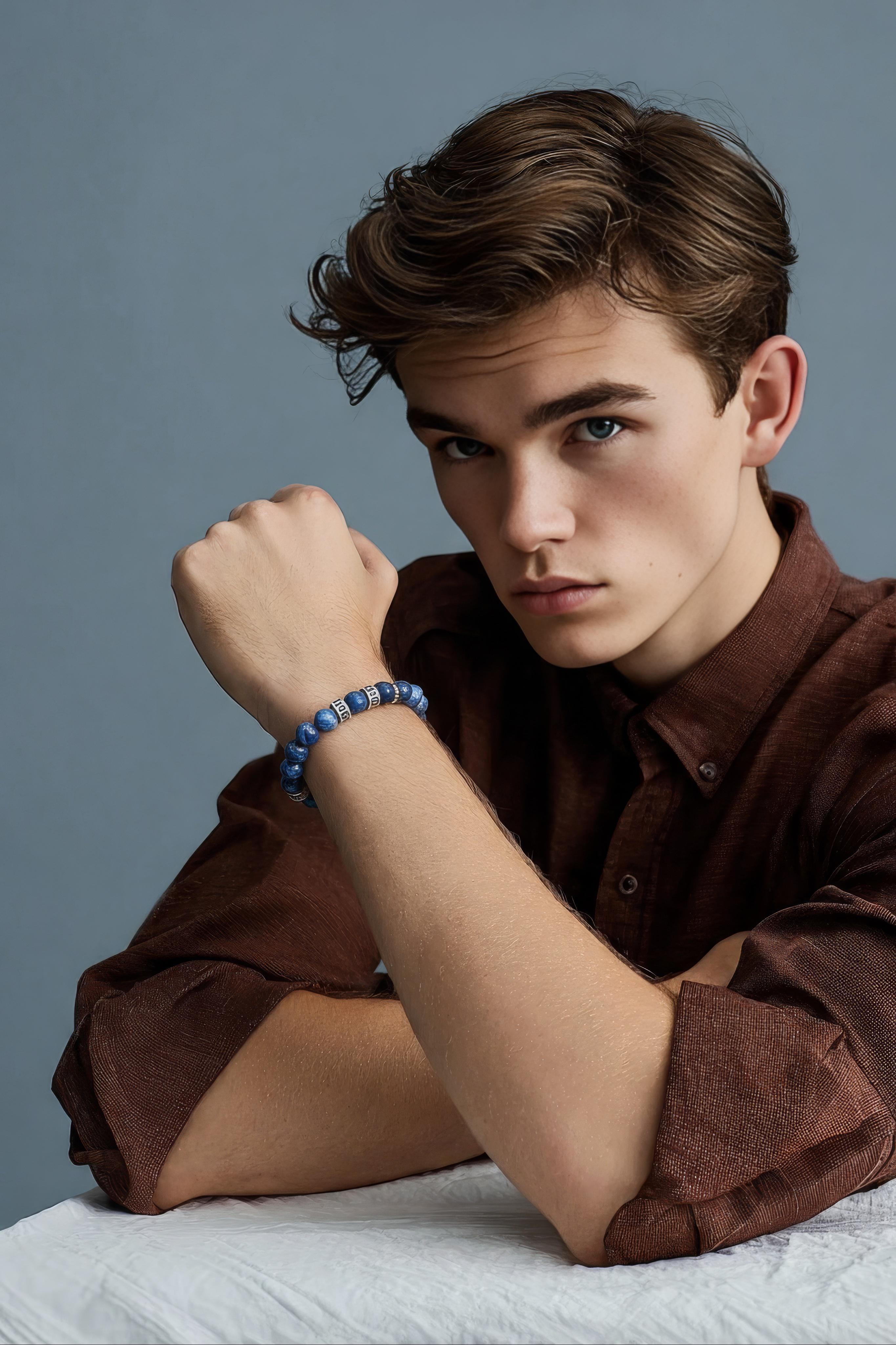 Personalized Men's Sodalite Bracelet: Engraved Name Beads, Handmade