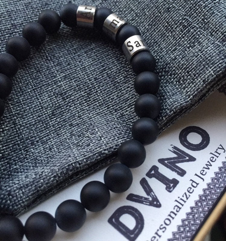 Personalized Men's Onyx Bracelet: Engraved Name Beads, Handmade