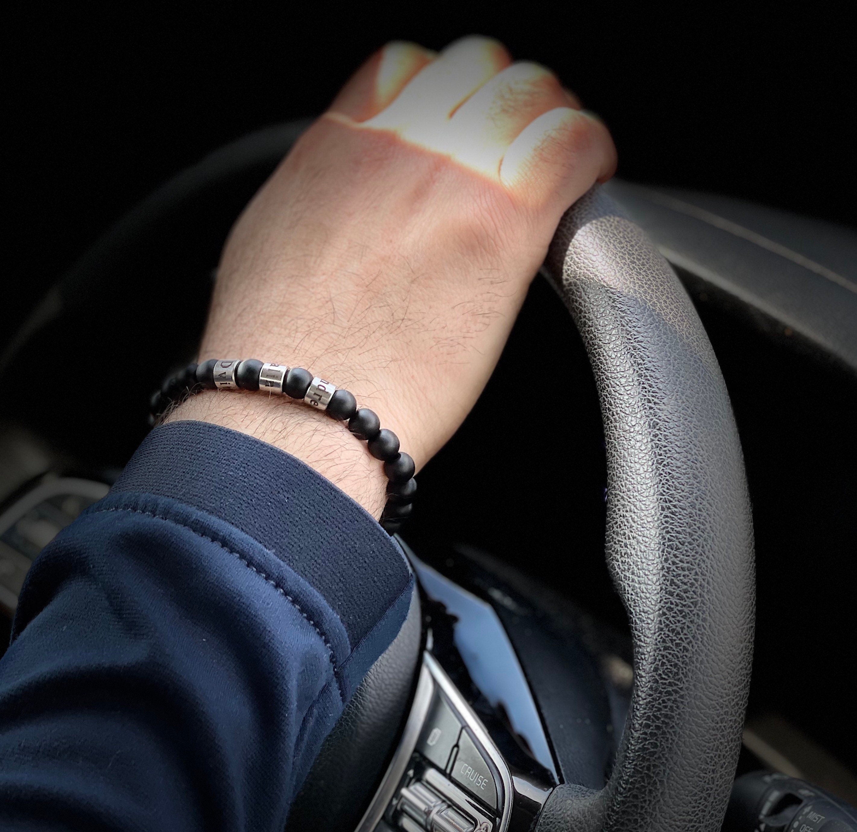 Personalized Men's Onyx Bracelet: Engraved Name Beads, Handmade