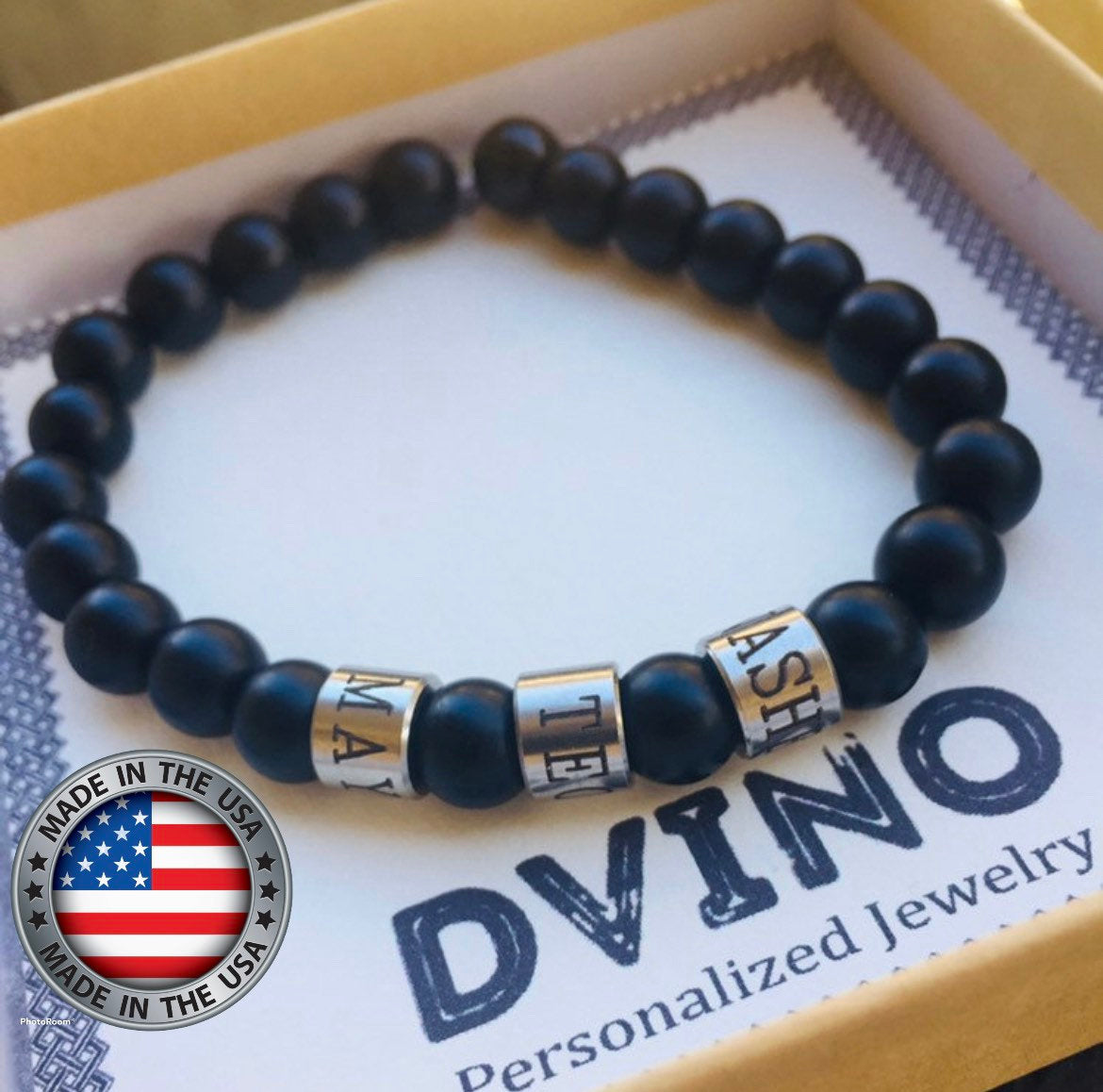 Personalized Men's Onyx Bracelet: Engraved Name Beads, Handmade