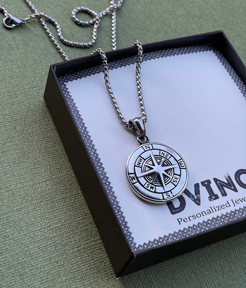 Engraved Compass Pendant Necklace for Men in Stainless steel