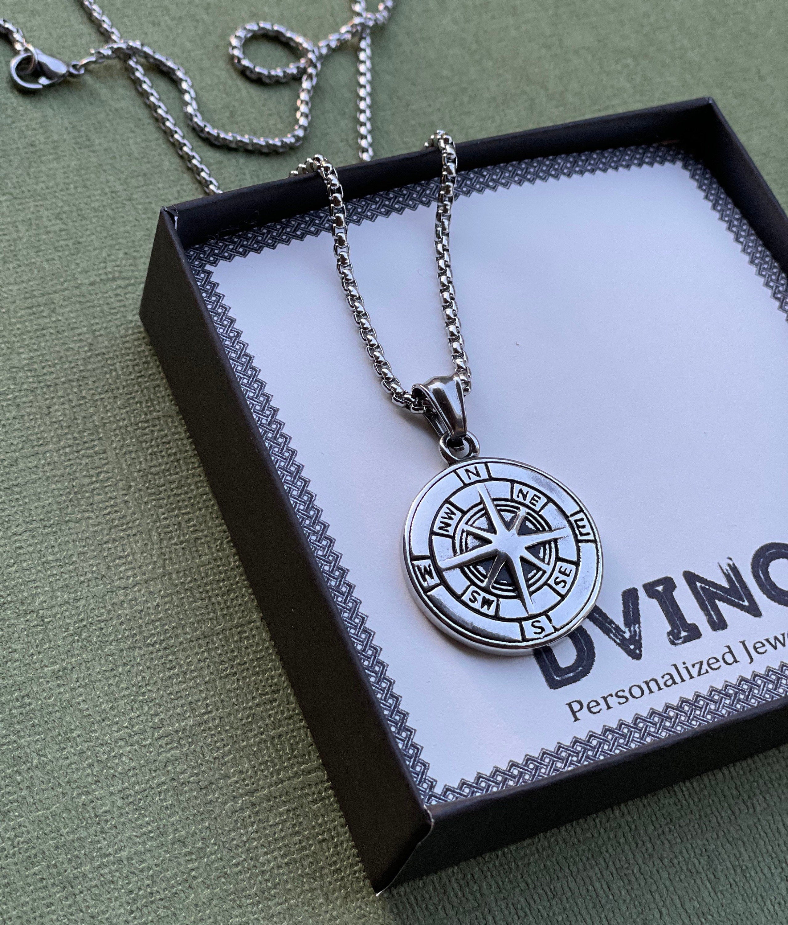 Engraved Compass Pendant Necklace for Men in Stainless steel