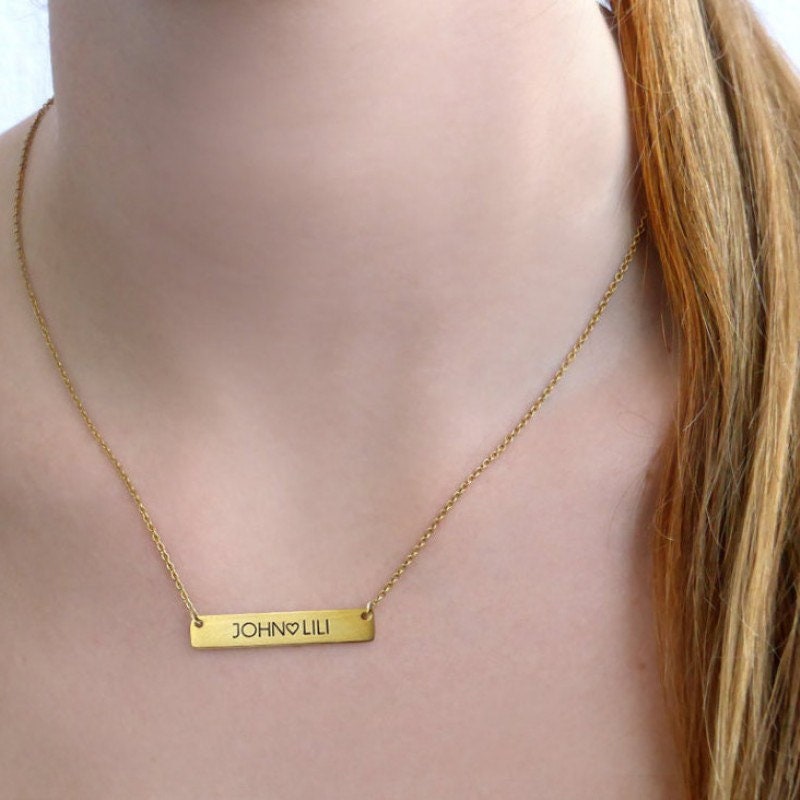 Personalized Gold Plated Bar Necklace: Custom Name Pendant, Made in USA