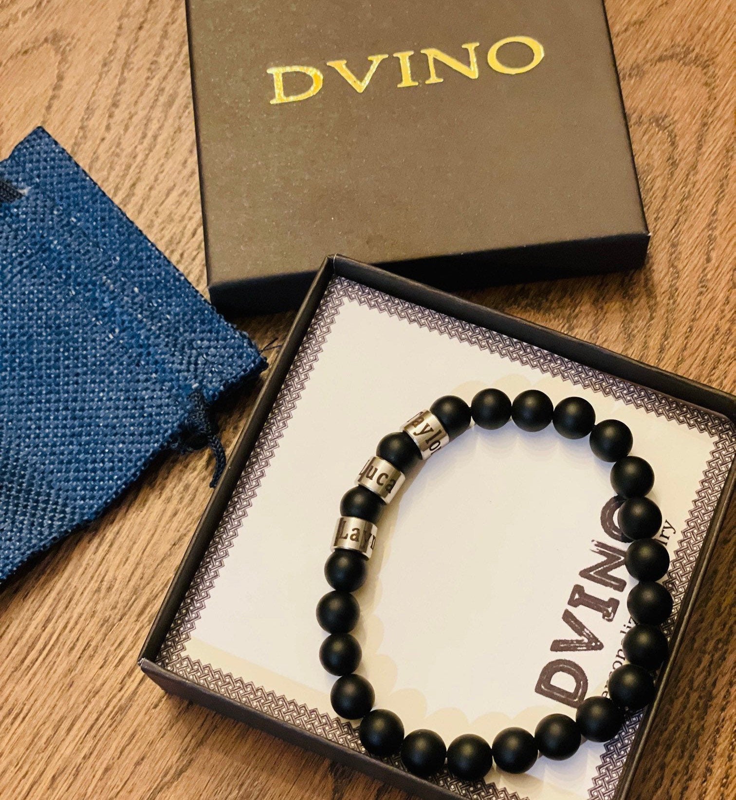 Personalized Men's Onyx Bracelet: Engraved Name Beads, Handmade