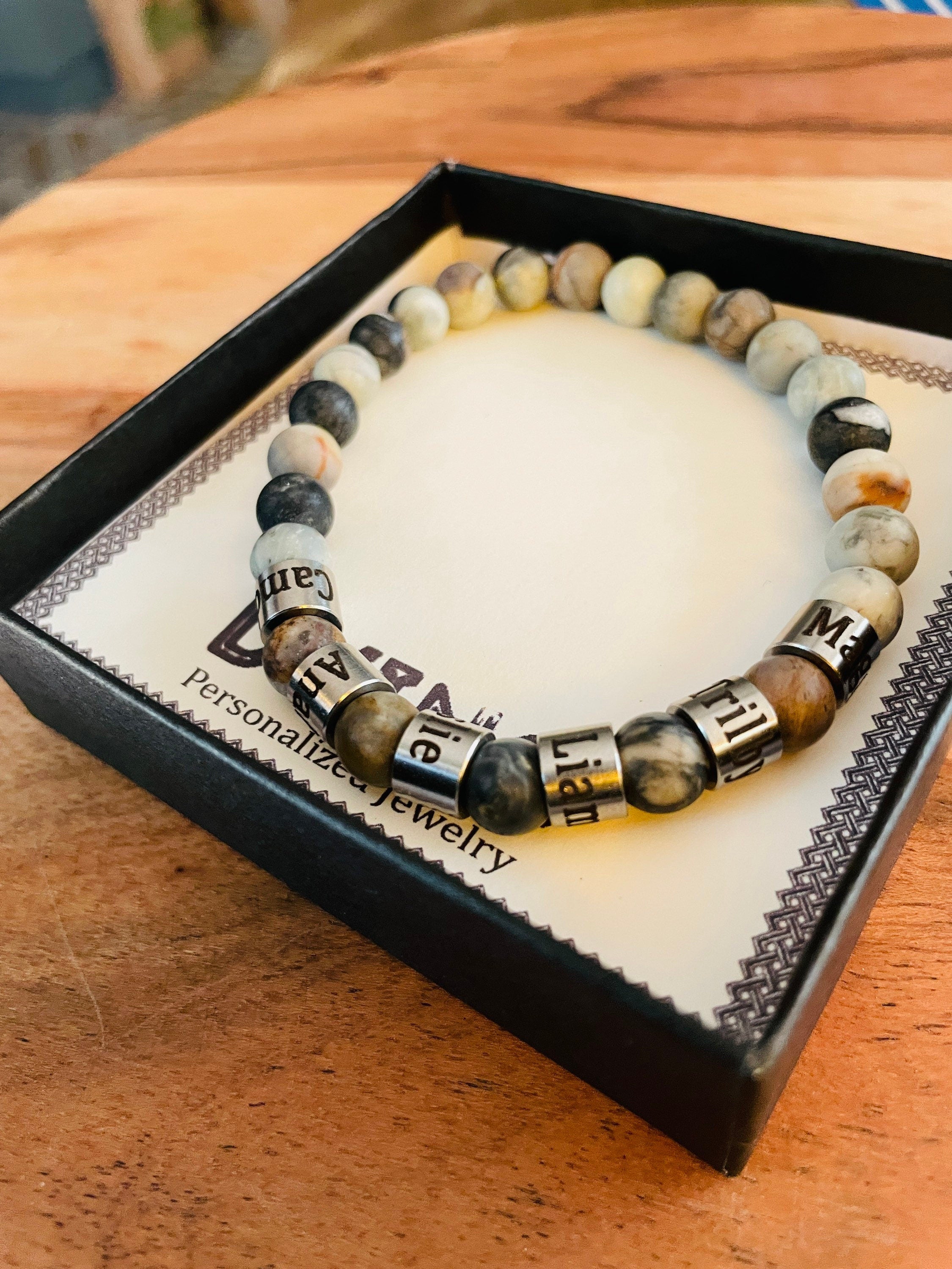 Personalized Men's Jasper Stone Bracelet: Engraved Name Beads