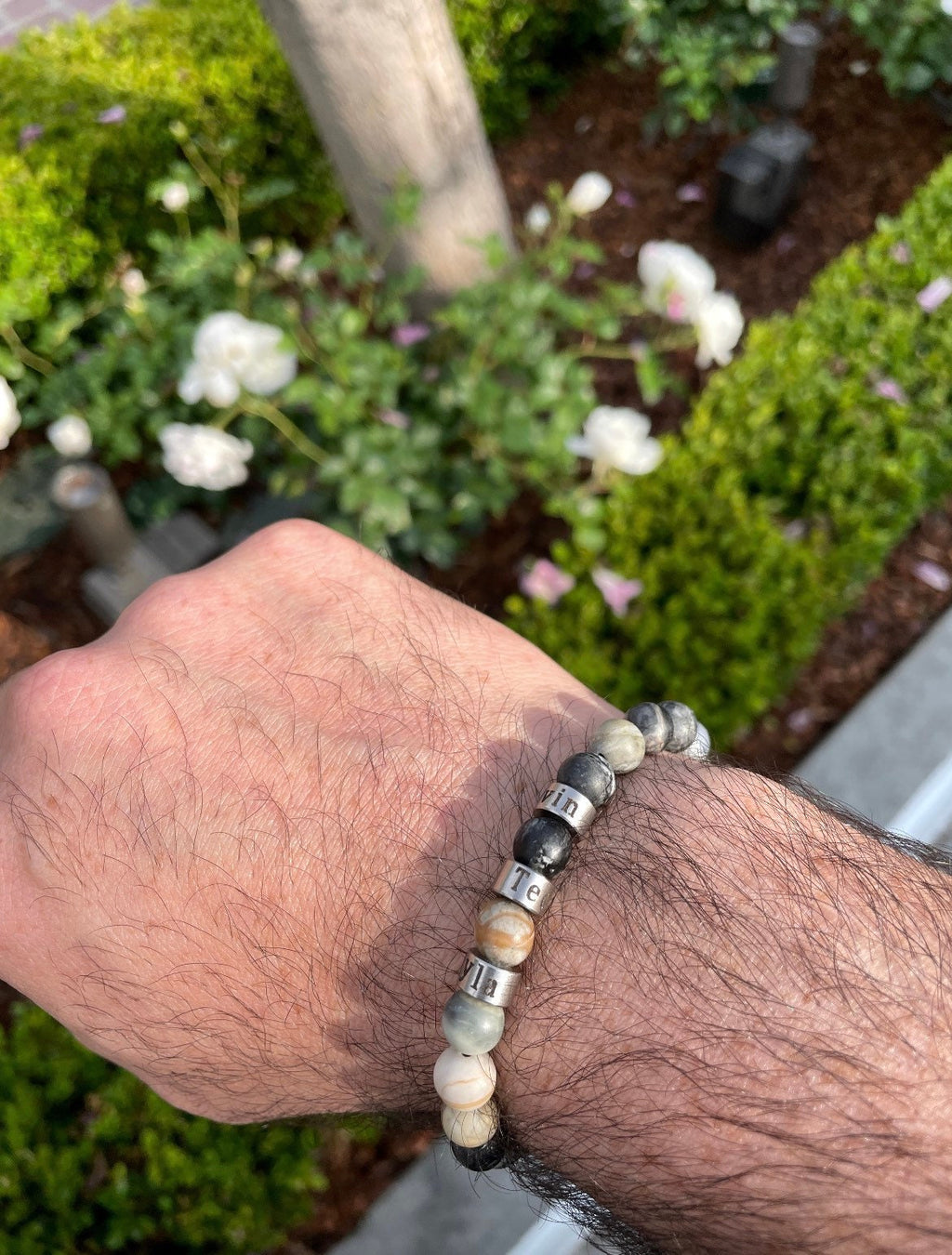 Personalized Men's Jasper Stone Bracelet: Engraved Name Beads