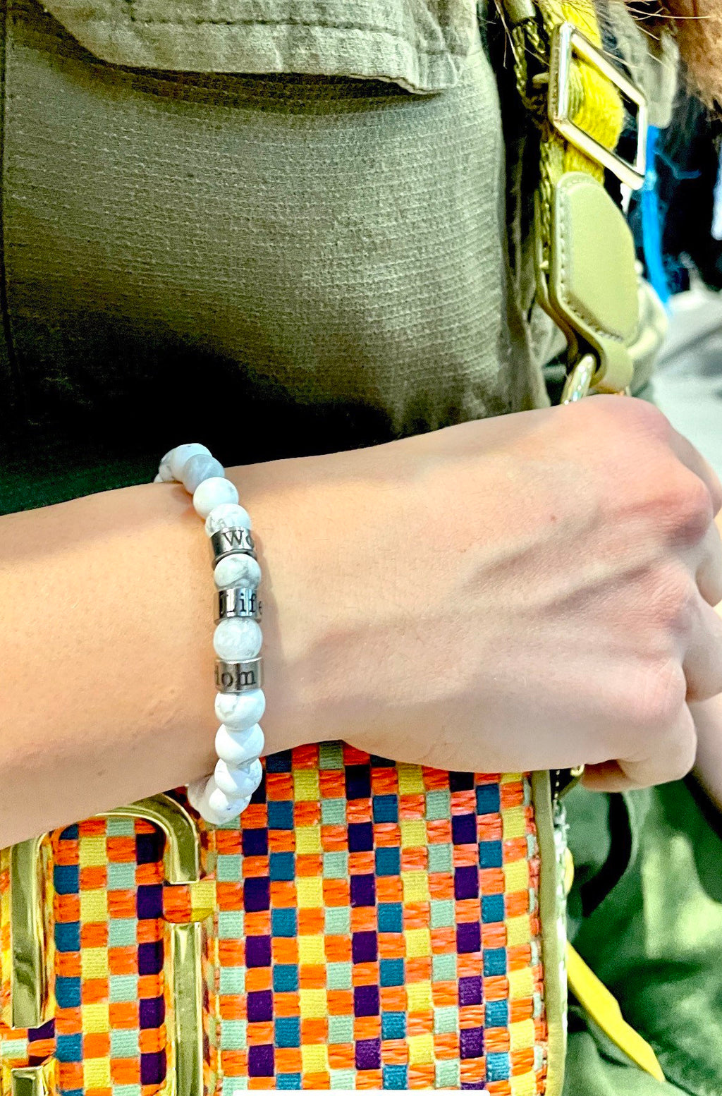 Personalized Name Bracelet: Silver Plated Stainless Steel, Natural Beads