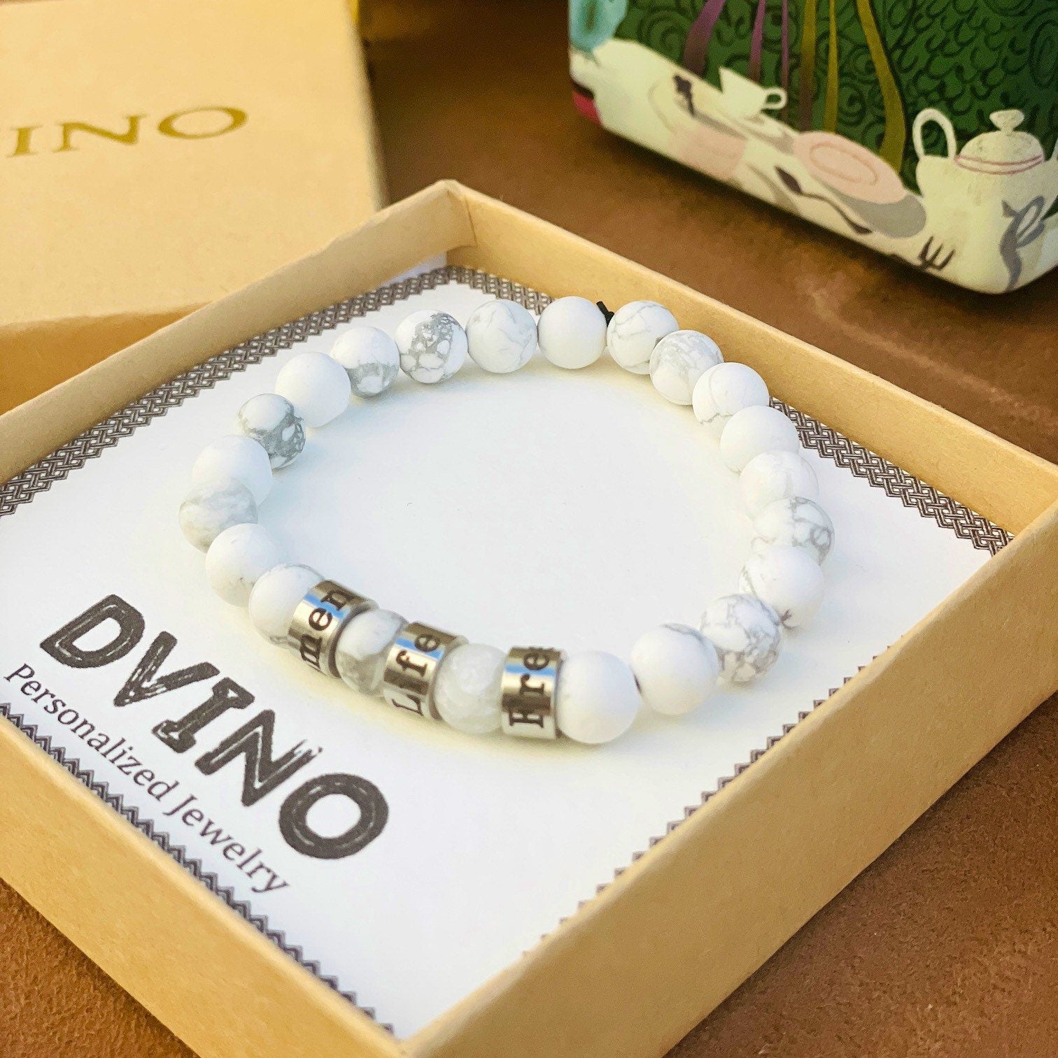 Personalized Name Bracelet: Silver Plated Stainless Steel, Natural Beads