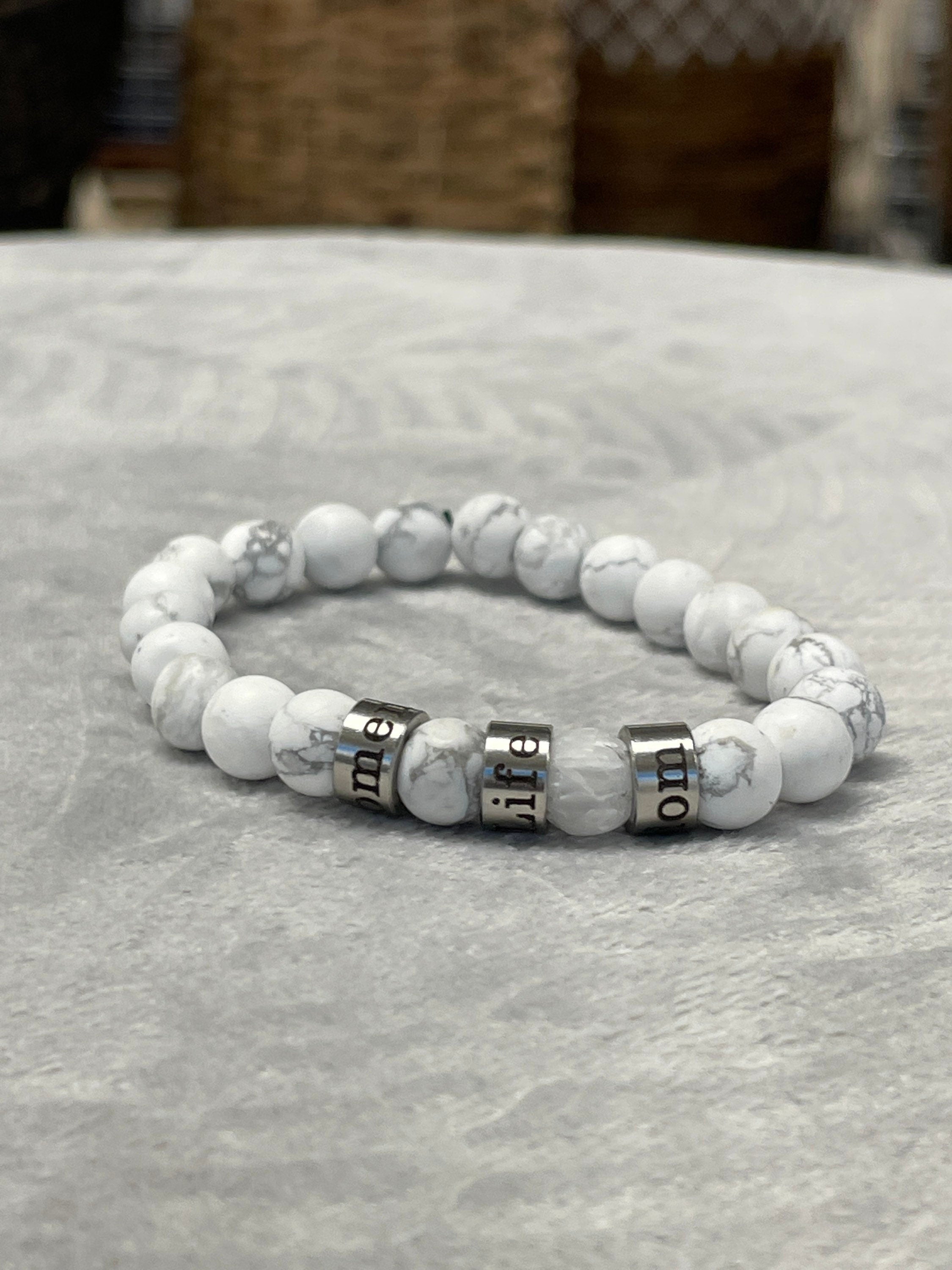 Personalized Name Bracelet: Silver Plated Stainless Steel, Natural Beads