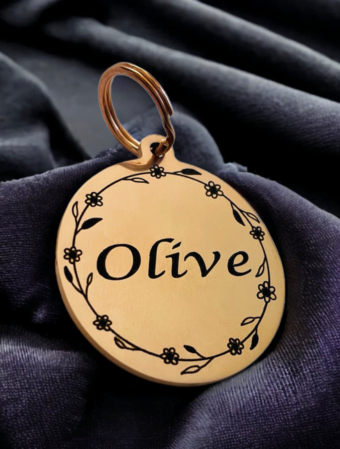 Rose Gold Pet ID Tag: Engraved Stainless Steel Flower Design