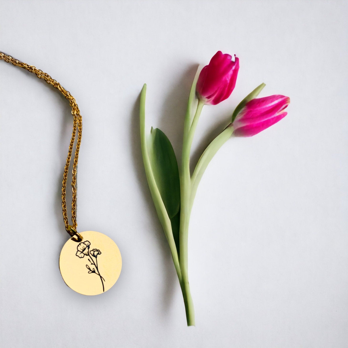 18K Gold Plated Birth Month Flower& Back Side  Name  .Best gift For Flower girl , Birthday, Mother's day, Valentines day ,Anniversary..
