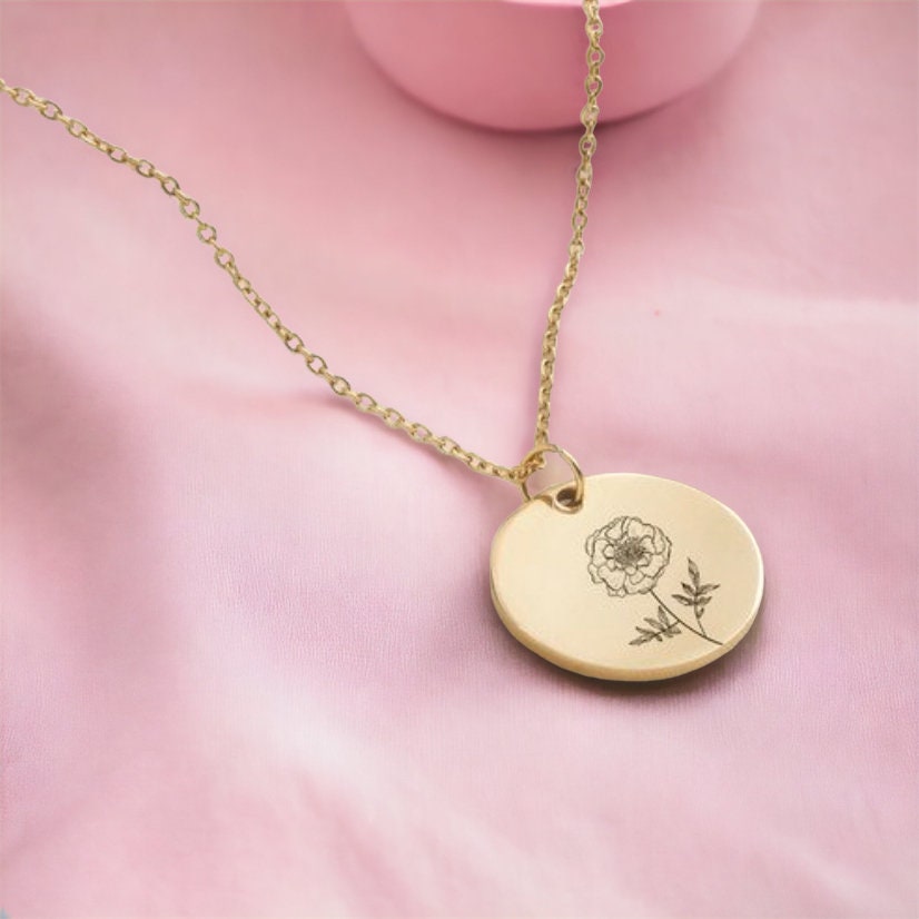 18K Gold Plated Birth Month Flower& Back Side  Name  .Best gift For Flower girl , Birthday, Mother's day, Valentines day ,Anniversary..