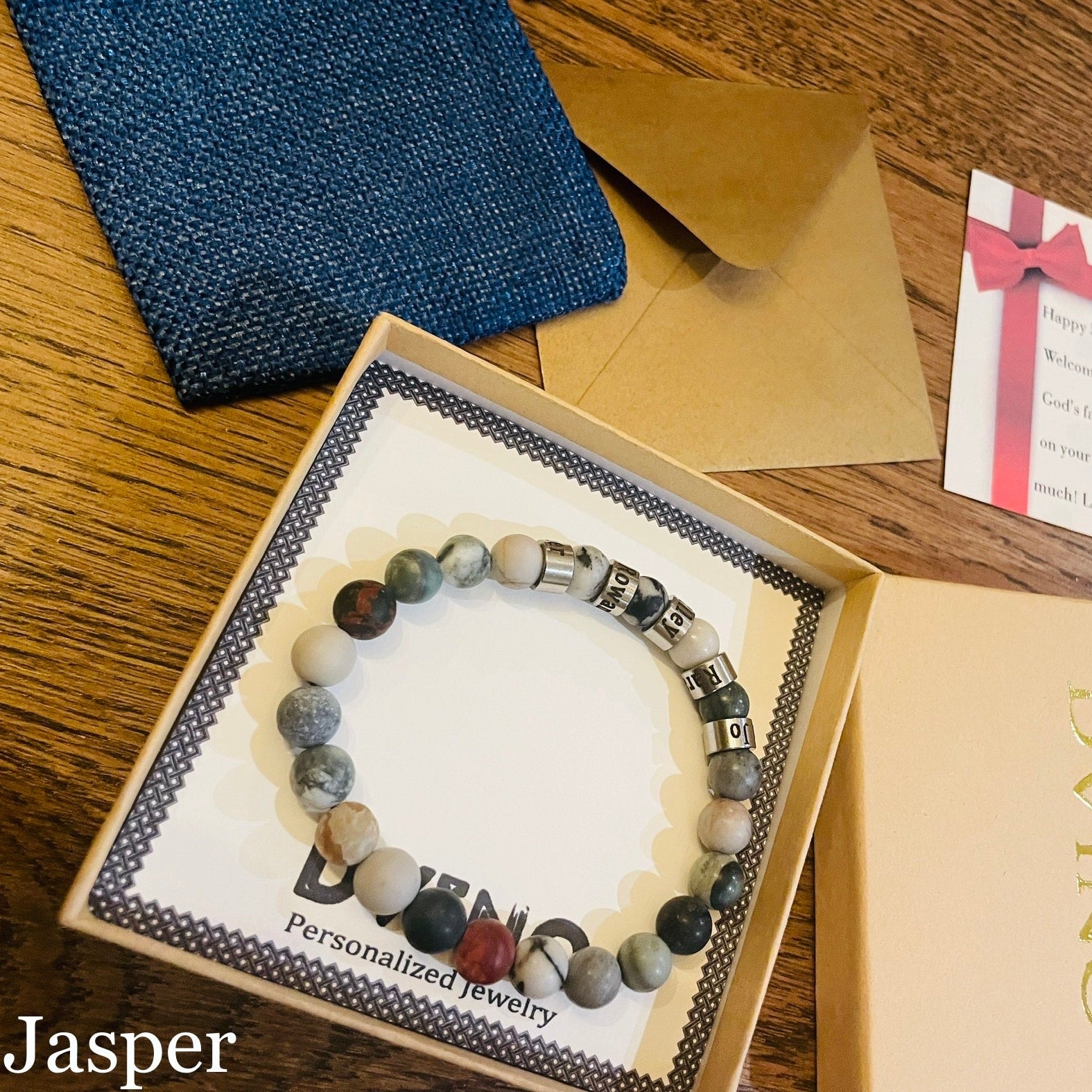 Personalized Name Bead Bracelet: 8mm Natural Stone, Handmade