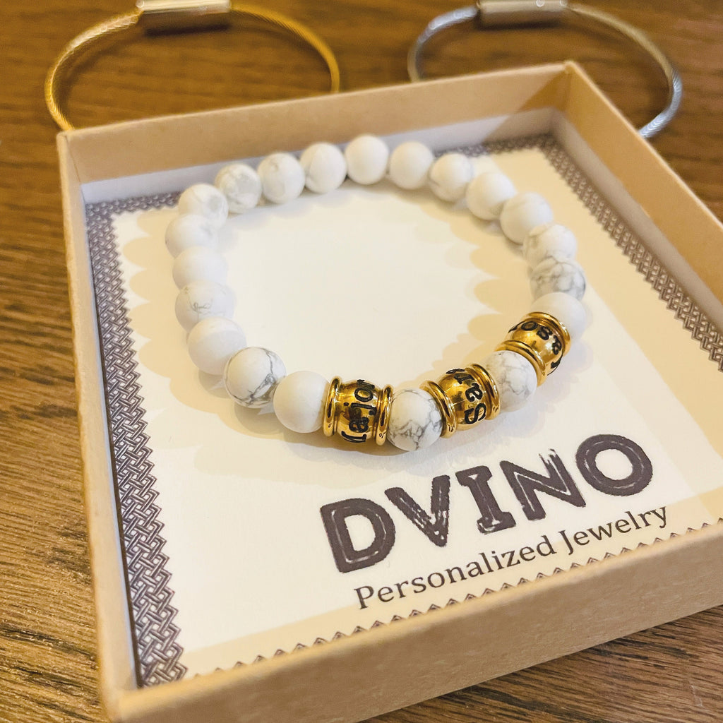 Personalized Gold Plated Name Bracelet: White Stone Bead, Handmade