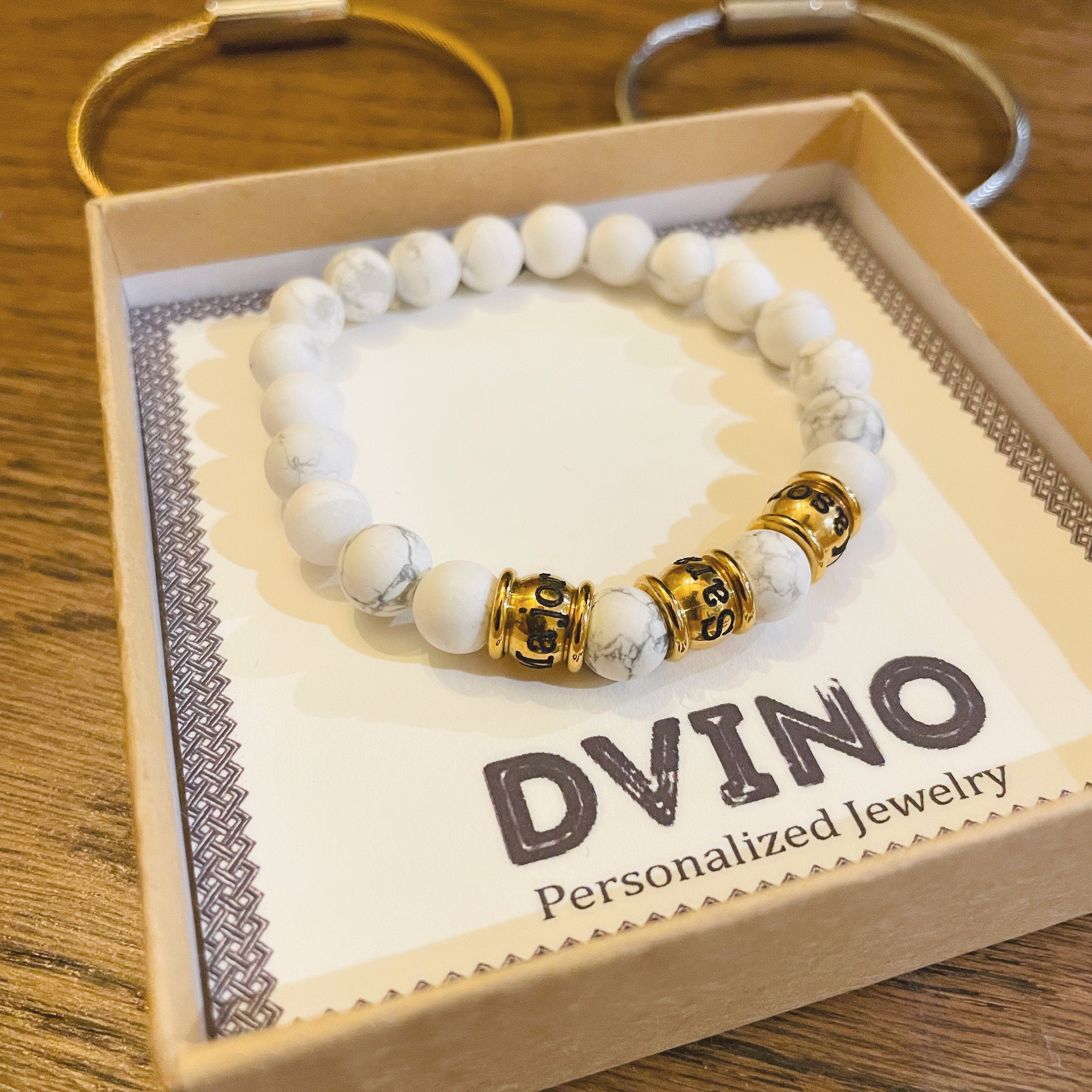 Personalized Gold Plated Name Bracelet: White Stone Bead, Handmade
