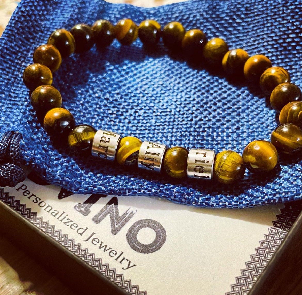 Personalized Tiger Eye Bracelet for Men: Engraved Name, Stainless Steel Beads
