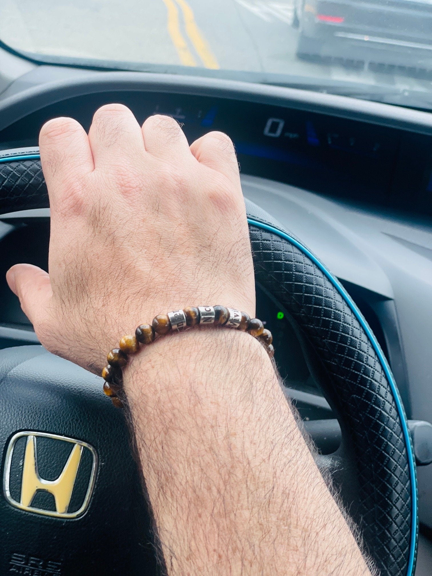 Personalized Tiger Eye Bracelet for Men: Engraved Name, Stainless Steel Beads