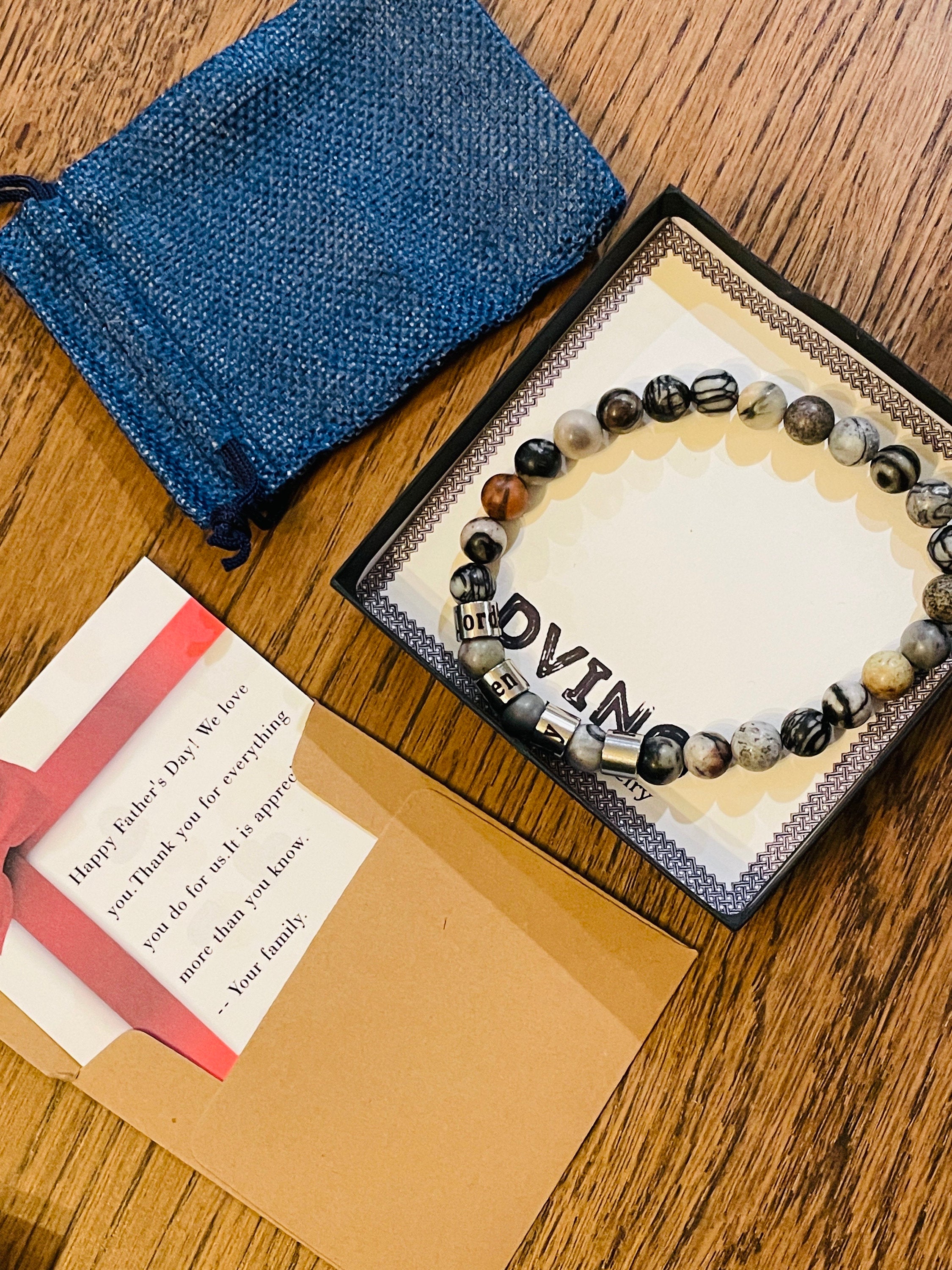 Personalized Men's Jasper Stone Bracelet: Engraved Name Beads