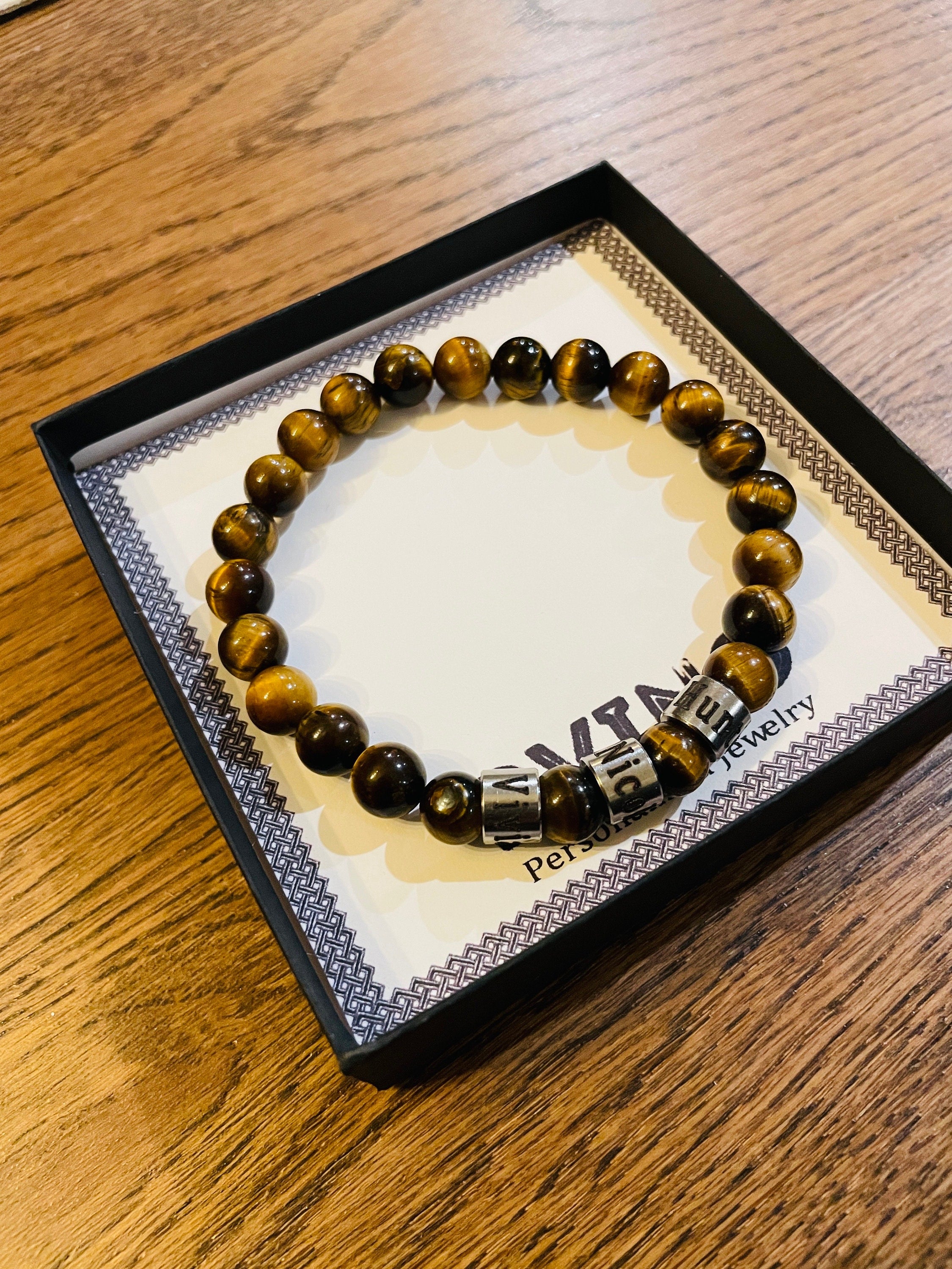 Personalized Tiger Eye Bracelet for Men: Engraved Name, Stainless Steel Beads