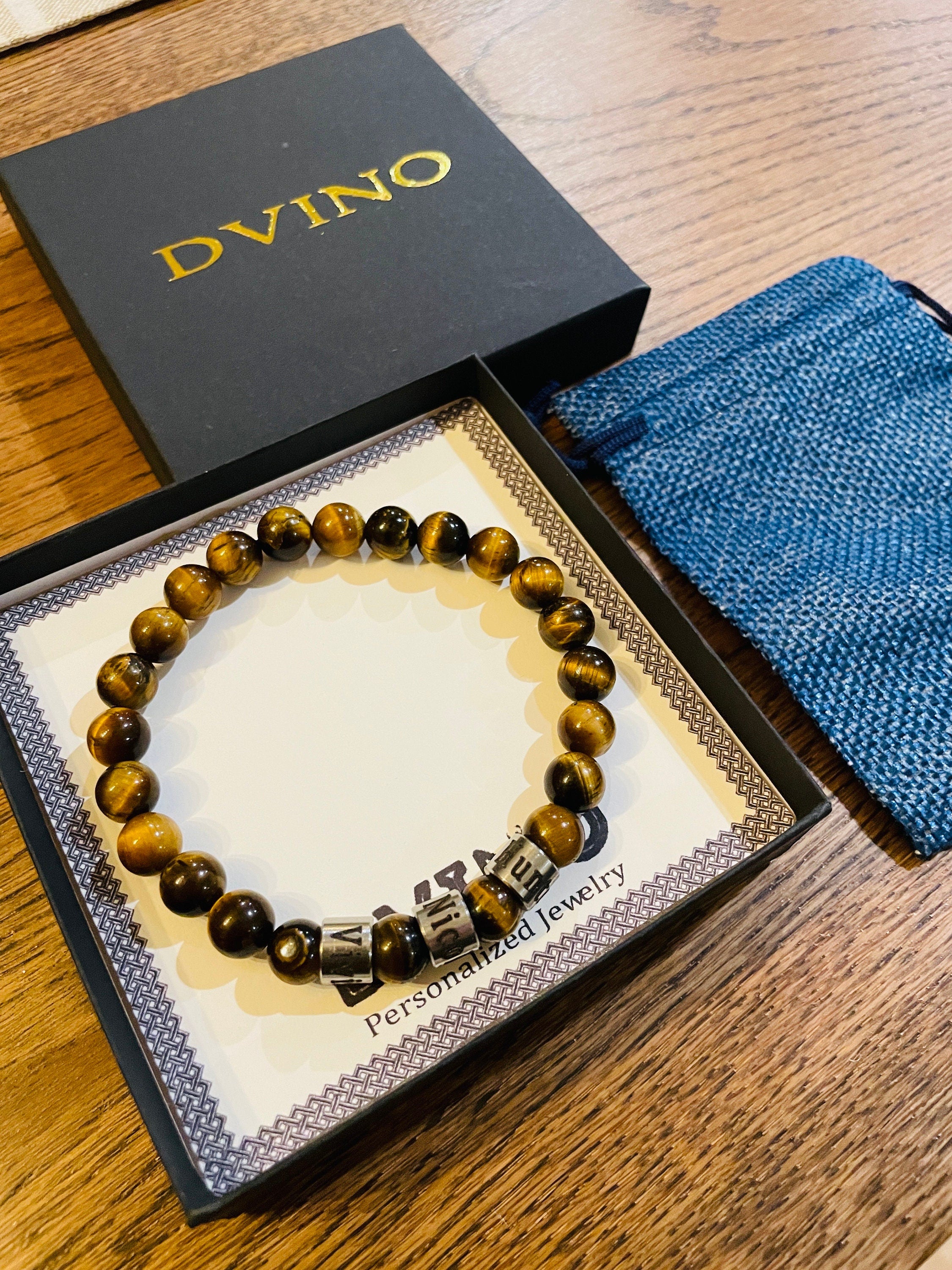 Personalized Tiger Eye Bracelet for Men: Engraved Name, Stainless Steel Beads