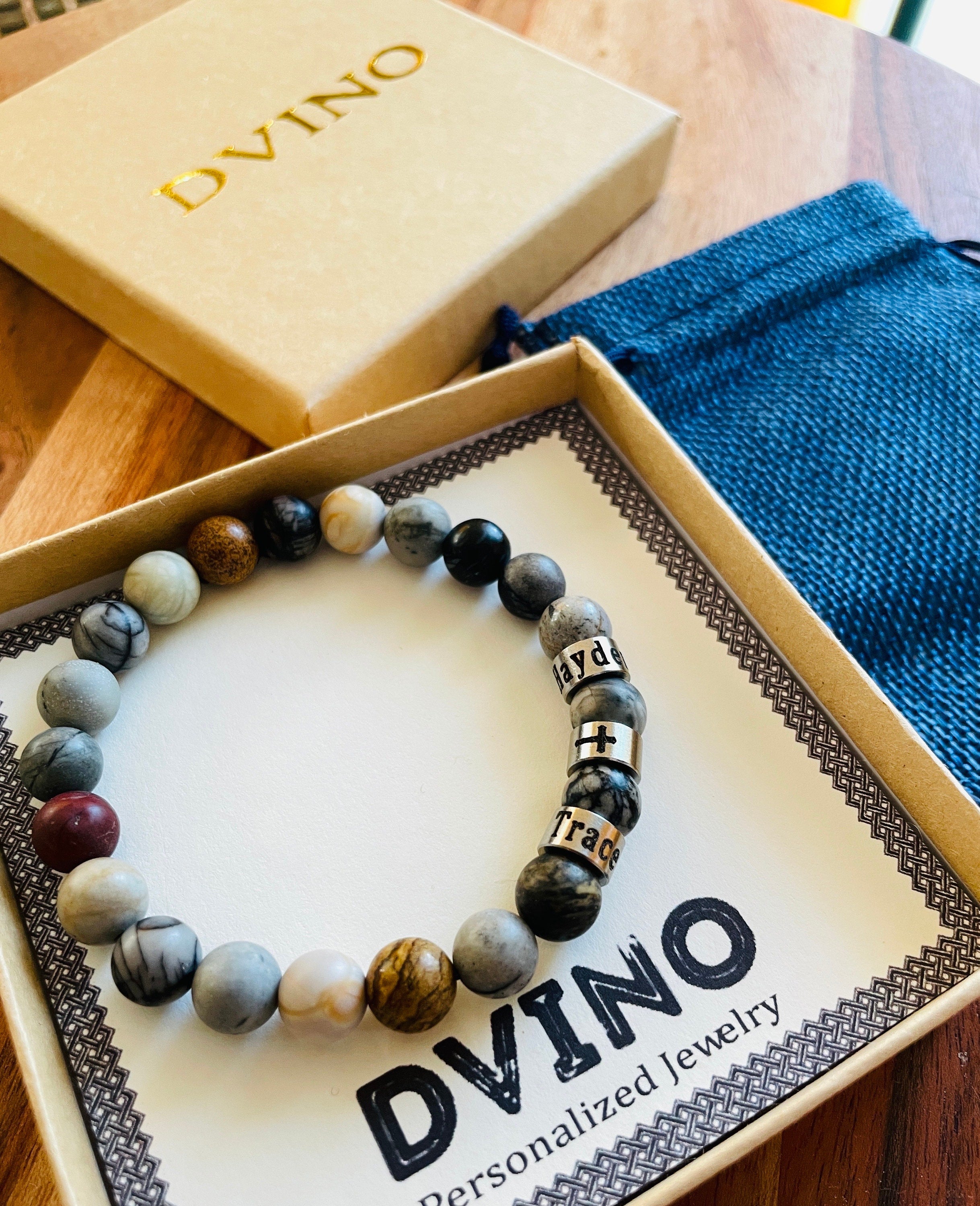 Personalized Name Bead Bracelet: 8mm Natural Stone, Handmade