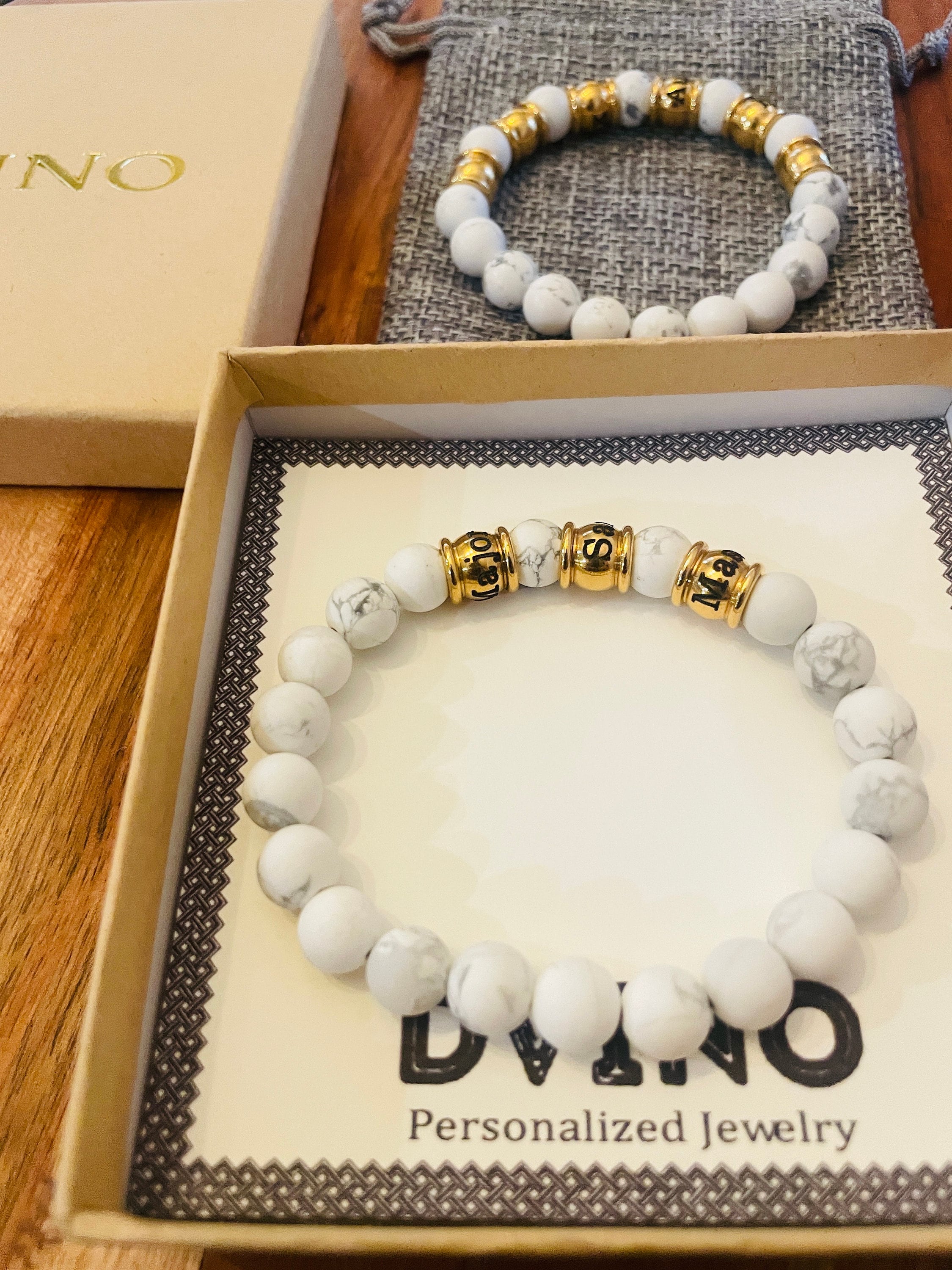 Personalized Gold Plated Name Bracelet: White Stone Bead, Handmade