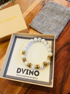 Personalized Gold Plated Name Bracelet: White Stone Bead, Handmade