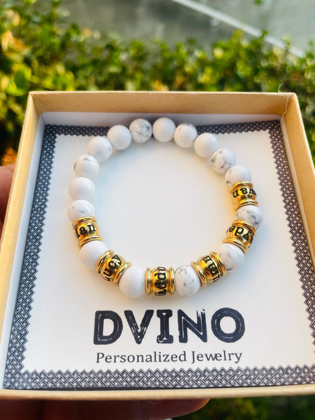 Personalized Gold Plated Name Bracelet: White Stone Bead, Handmade