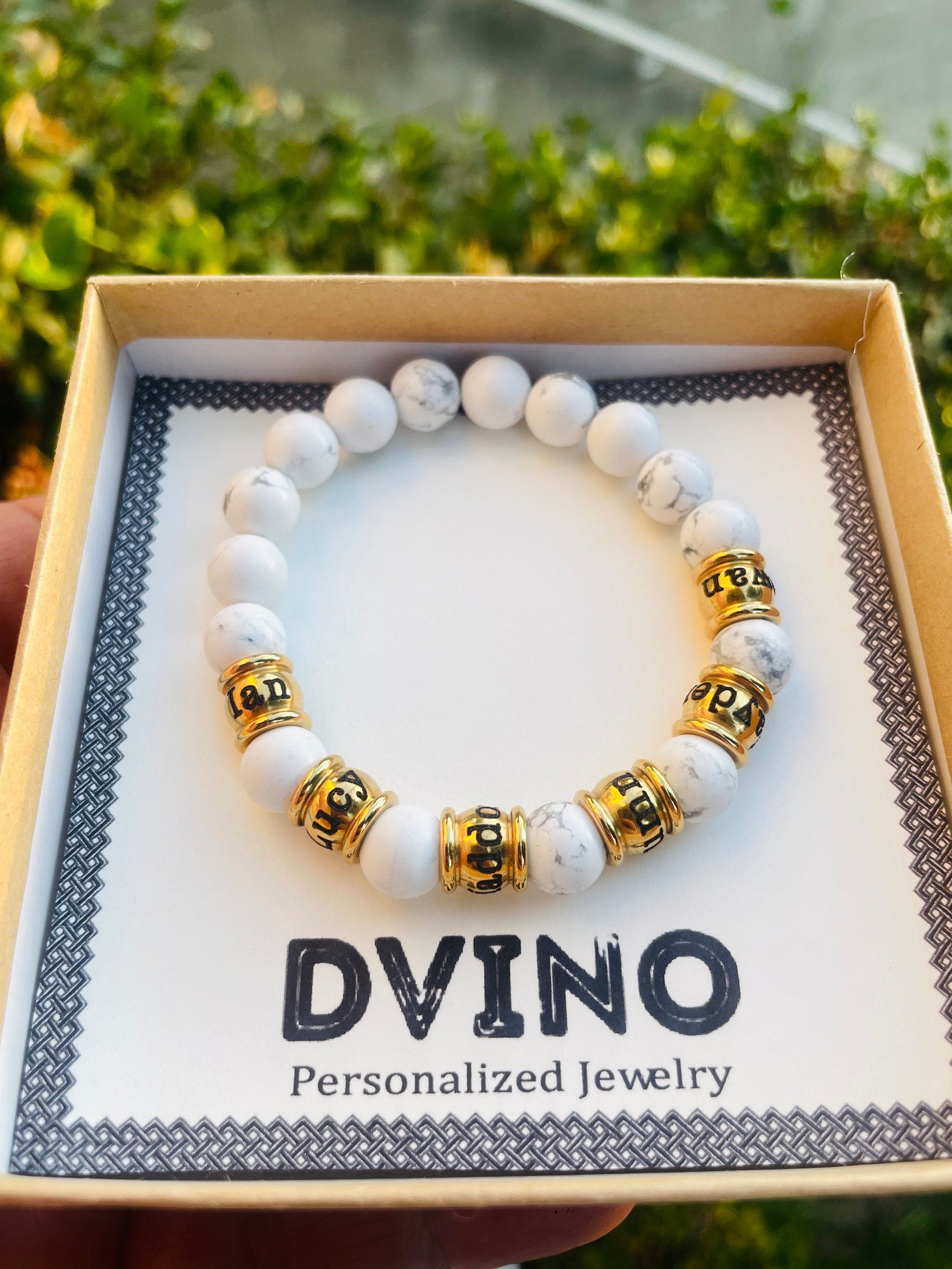Personalized Gold Plated Name Bracelet: White Stone Bead, Handmade