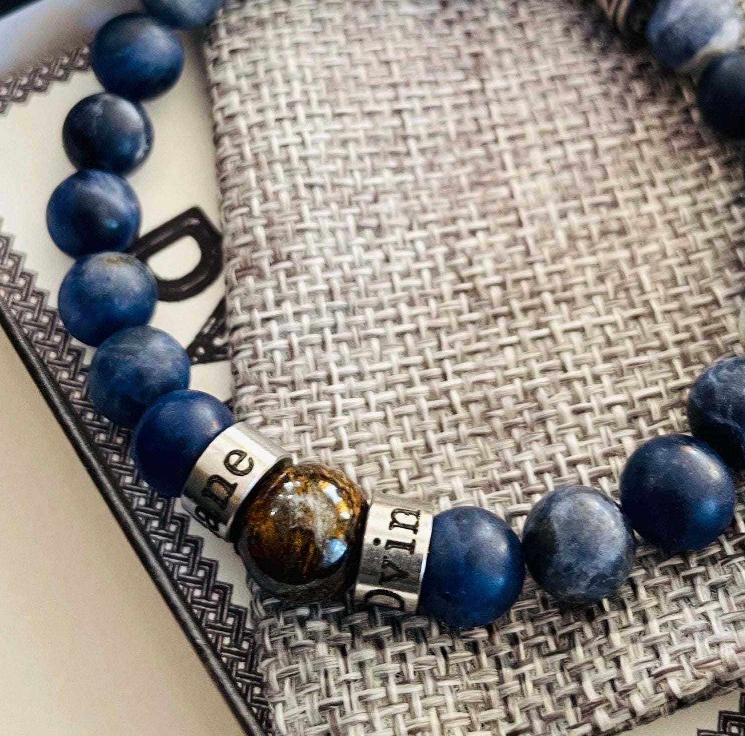 Personalized Men's Sodalite Bracelet: Engraved Name Beads, Handmade