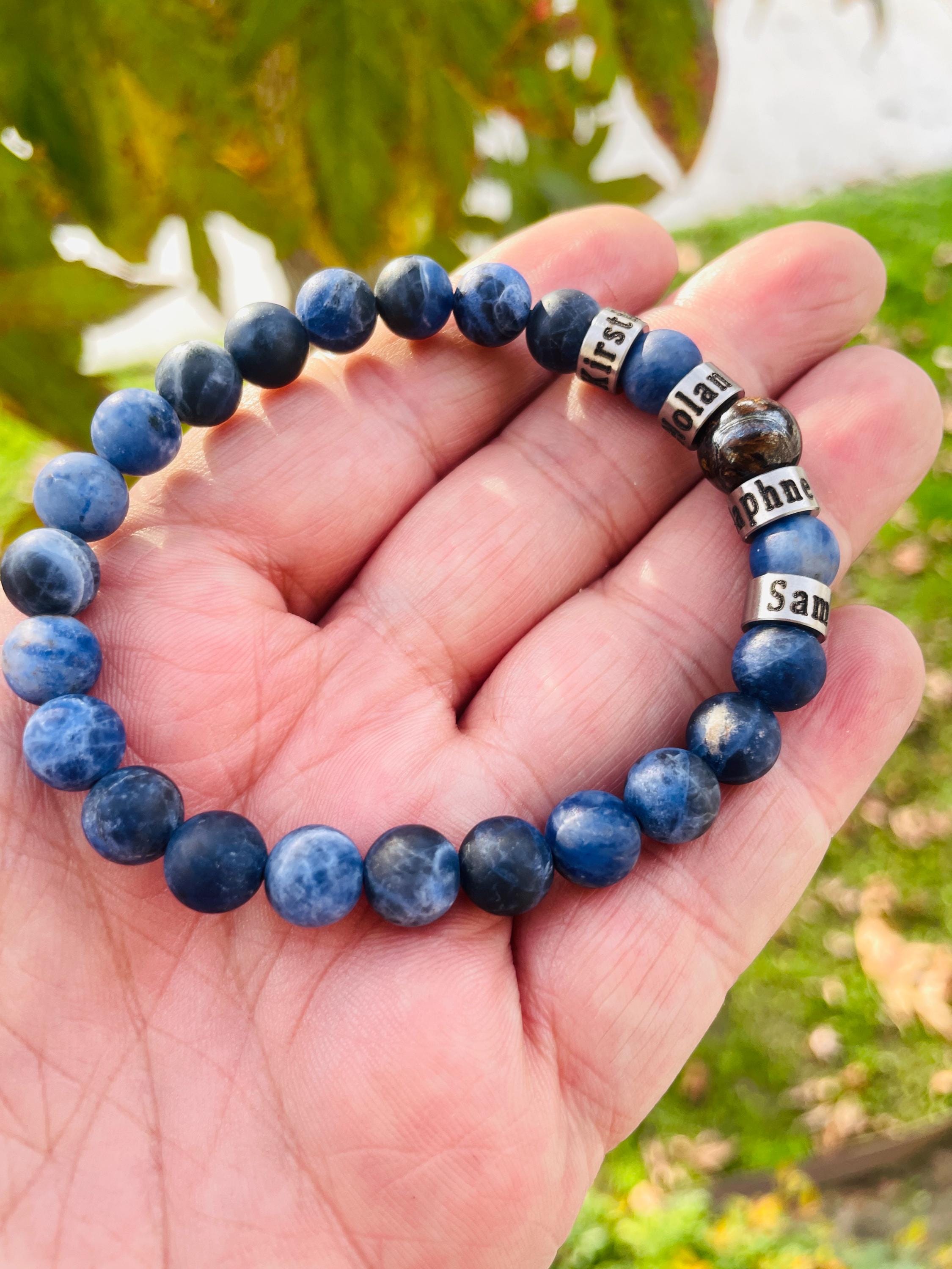 Personalized Men's Sodalite Bracelet: Engraved Name Beads, Handmade